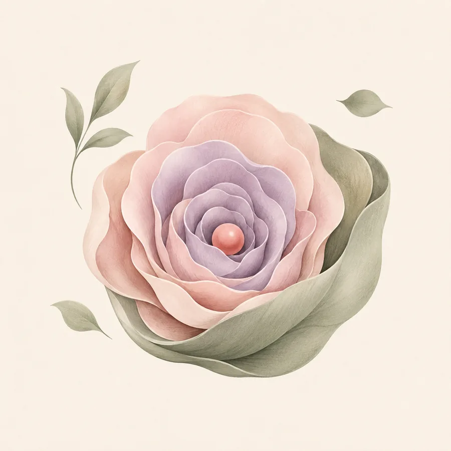 Illustration of a woman with a warm, calm expression surrounded by soft botanical shapes