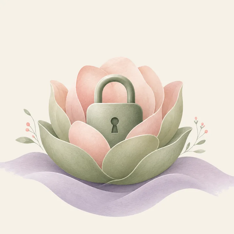 Illustration of a shield and botanical shapes symbolising privacy