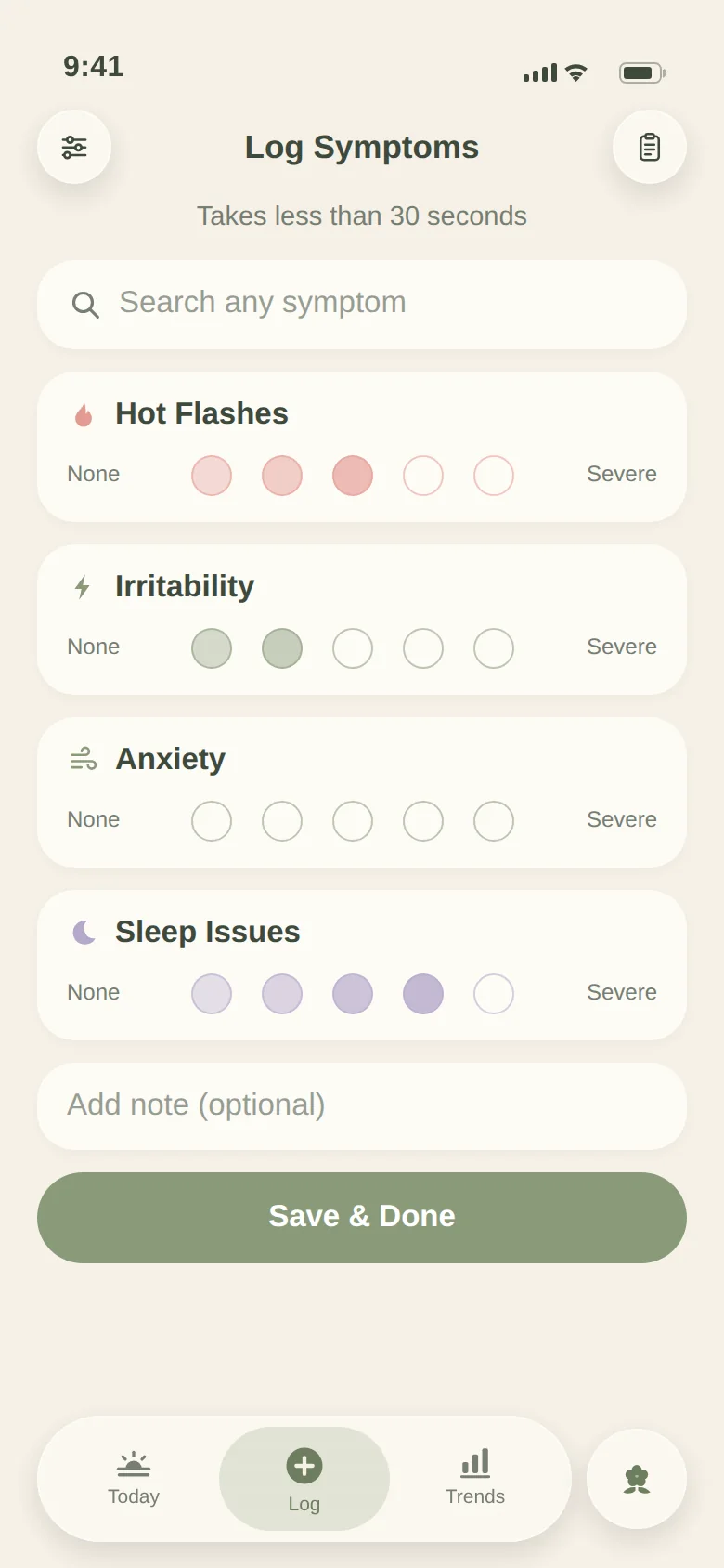 Log symptoms in seconds — free